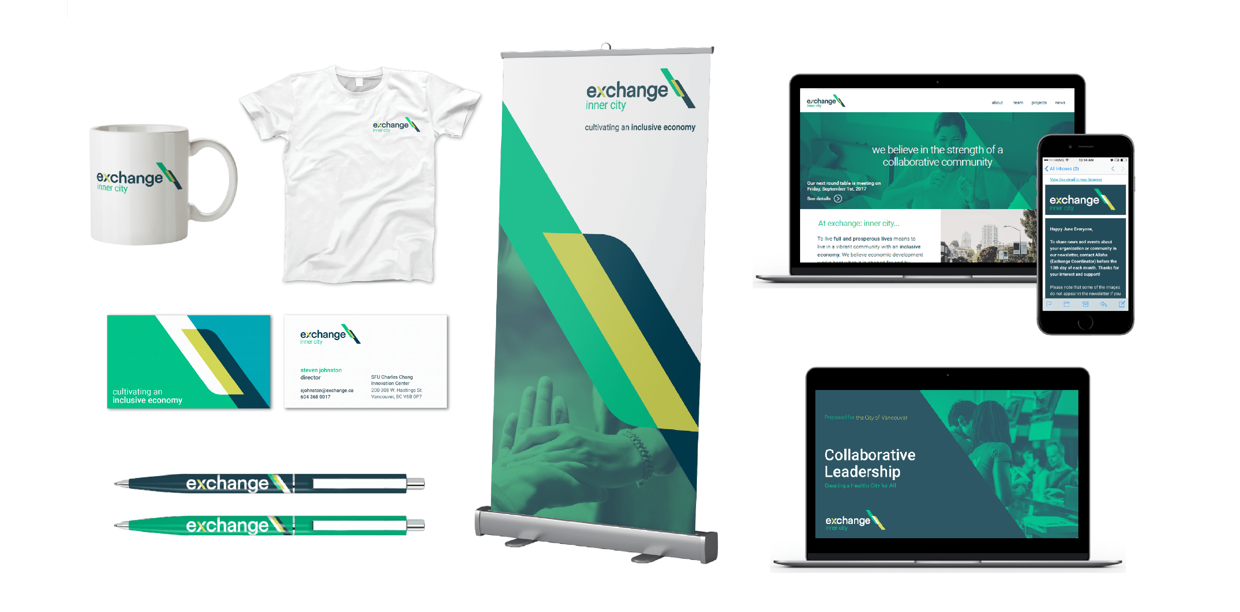 A black and white photo of Breanne, Joseph, Annette, and Bruce sitting together and chatting outside the studio